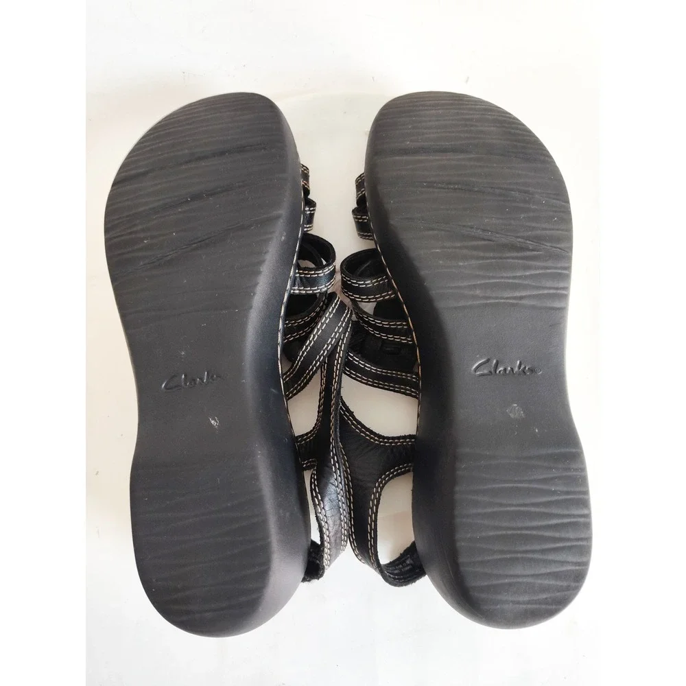 Clarks Sandals Size 8 Leather Comfort Delana Curve Strappy Black Contrast Stitch